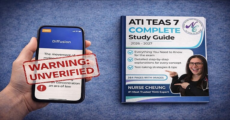 A split-screen visual contrasting unverified study materials with verified ones for the ATI TEAS 7. On the left, a hand holds a smartphone displaying a free digital flashcard app with a large red stamp reading 'WARNING: UNVERIFIED'. On the right sits the official Nurse Cheung ATI TEAS 7 Complete Study Guide 2026-2027 physical book, representing peer-reviewed, accurate exam preparation.