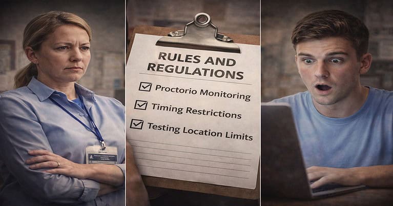 A three-panel photograph illustration showing a stern woman with an ID badge on the left, a central clipboard titled 'RULES AND REGULATIONS' with checkboxes for 'Proctorio Monitoring', 'Timing Restrictions', and 'Testing Location Limits', and a shocked young man looking at a laptop screen on the right.