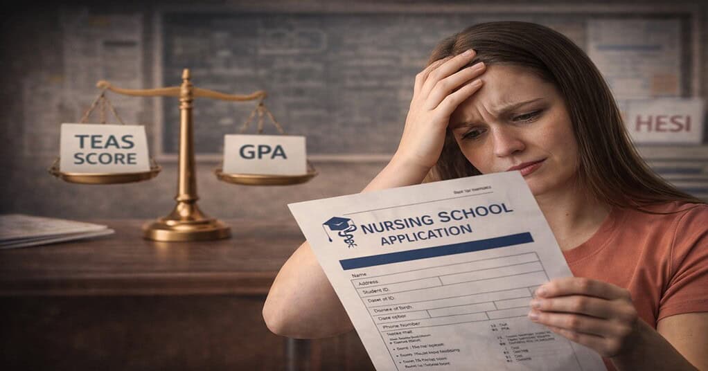 A photograph illustration of a distressed young woman, with her hand on her head, reviewing a nursing school application. In the background, a large balance scale weighs a paper labeled 'TEAS SCORE' against another labeled 'GPA'. A large sign reads 'HESI' in the far background.