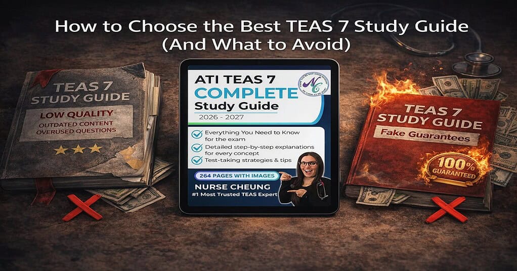 A side-by-side comparison showing the Nurse Cheung ATI TEAS 7 Complete Study Guide on an iPad, flanked by an outdated, low-quality prep book and a burning textbook representing fake pass guarantees.