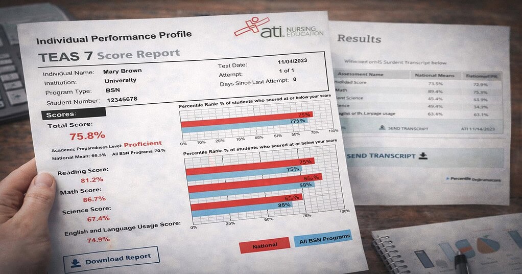 A close-up photograph of a person holding a printed ATI TEAS 7 Score Report titled Individual Performance Profile. The paper displays a total composite score of 75.8% and breaks down sectional scores for Reading, Math, Science, and English alongside bar graphs comparing the student's percentile rank to the National and BSN Program means.