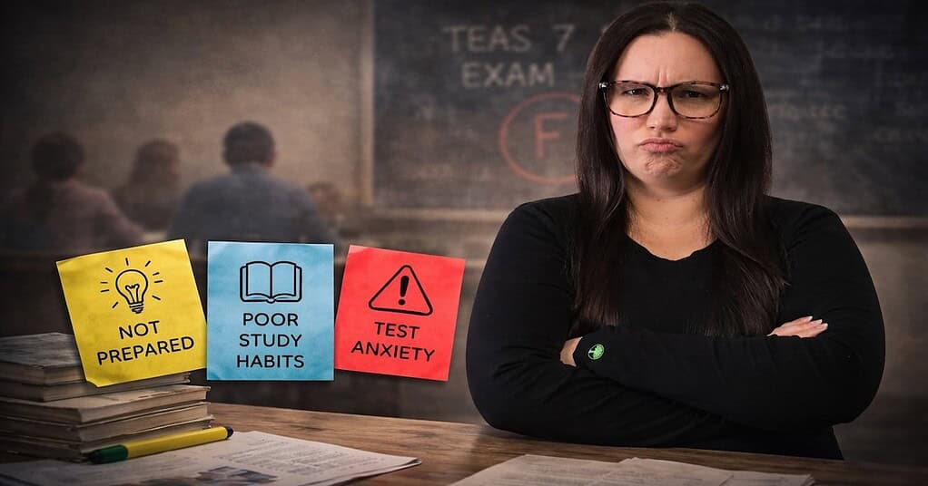 A photograph illustration of Nurse Cheung, wearing glasses and with crossed arms, looking sternly and concernedly toward the camera in a classroom setting. On a desk in front of her are stacks of old books and three prominent post-it notes: a yellow one with a lightbulb that says 'NOT PREPARED', a blue one with an open book that says 'POOR STUDY HABITS', and a red one with a warning triangle that says 'TEST ANXIETY'. Behind her is a blurred chalkboard featuring a large circled 'F' and 'TEAS 7 EXAM'.