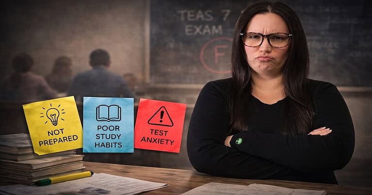A photograph illustration of Nurse Cheung, wearing glasses and with crossed arms, looking sternly and concernedly toward the camera in a classroom setting. On a desk in front of her are stacks of old books and three prominent post-it notes: a yellow one with a lightbulb that says 'NOT PREPARED', a blue one with an open book that says 'POOR STUDY HABITS', and a red one with a warning triangle that says 'TEST ANXIETY'. Behind her is a blurred chalkboard featuring a large circled 'F' and 'TEAS 7 EXAM'.