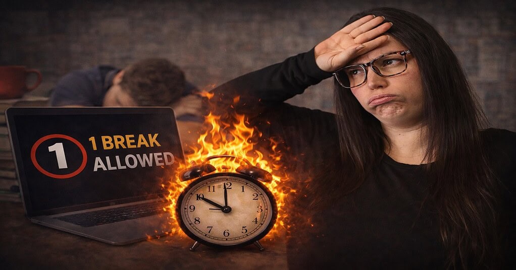 A photograph of Nurse Cheung looking exhausted with her hand on her forehead, sitting next to an alarm clock engulfed in flames and a laptop screen that reads '1 BREAK ALLOWED'. In the blurred background, a tired student is asleep with their head resting on a desk.