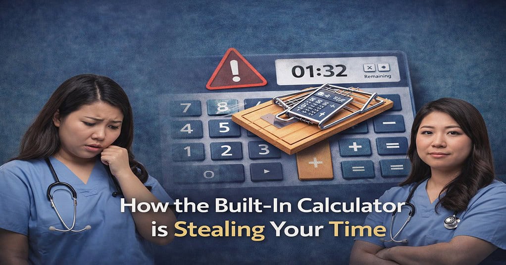 A graphic titled 'How the Built-In Calculator is Stealing Your Time'. In the background is a digital calculator with a literal mousetrap sitting on its buttons and a countdown timer showing 01:32 remaining. On the left is a stressed nursing student, and on the right is a confident nursing student. This illustrates the time-wasting trap of the ATI TEAS 7 math section.