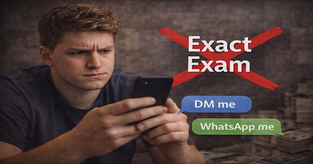 A photograph of a frustrated or confused young man looking at his smartphone. Text floating in red crosses out the phrase 'Exact Exam'. A stack of money is in the blurred background. Message bubbles on the right read 'DM me' and 'WhatsApp me', suggesting a messaging-based scam.