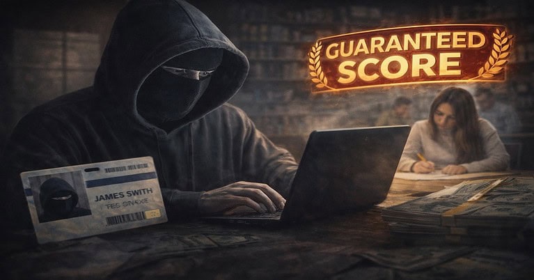 A dramatic illustration of a hooded, masked figure representing a proxy tester, using a laptop at a desk stacked with cash, alongside a generic fake ID for 'James Smith'. A student is seen studying legitimately in the blurred background. A large, blurred orange box area covers the right side of the image.