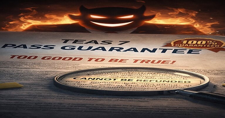 A magnifying glass focusing on hidden fine print that reads 'CANNOT BE REFUNDED' on a TEAS 7 Pass Guarantee document, while a sinister, shadowy figure looms in the background.