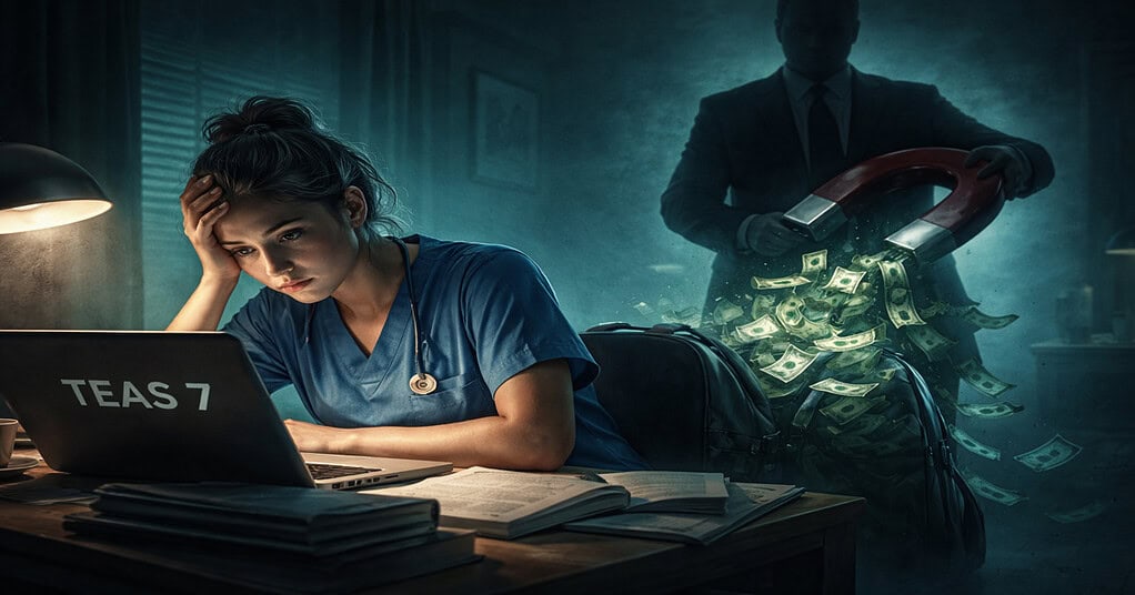 A stressed nursing student studying for the TEAS 7 exam late at night while a shadowy corporate figure uses a magnet to pull money from her backpack, representing predatory monthly subscription traps.