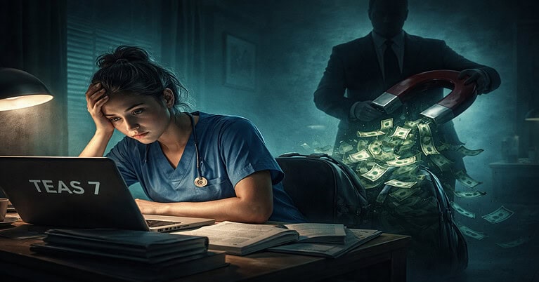 A stressed nursing student studying for the TEAS 7 exam late at night while a shadowy corporate figure uses a magnet to pull money from her backpack, representing predatory monthly subscription traps.