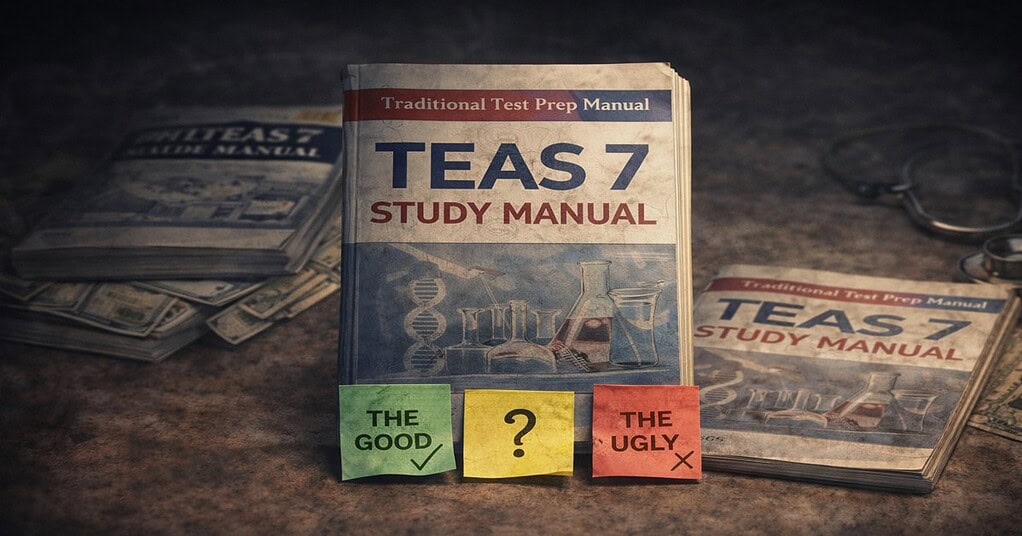 A heavy, traditional TEAS 7 Study Manual standing upright on a desk with sticky notes reading 'The Good', '?', and 'The Ugly' attached to the cover.