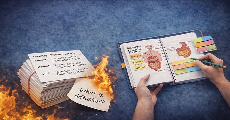A split-focus graphic illustrating the 'Rote Memorization Myth' for ATI TEAS 7 Science. On the left, a large, burning stack of flashcards labeled 'THE RECALL TRAP' represents isolated facts, with a single correct definition card visible ("Gene: A section of DNA..."). On the right, clean hands add a final conceptual map labeled 'SYSTEMIC APPLICATION: CONCEPT MAPPING' to a notebook, which contains visual flowcharts of blood flow and other interconnected systems. Clear evergreen text overlay reads 'WHY FLASHCARDS FAIL TEAS 7 SCIENCE' and 'BUILD BRIDGES, NOT WALLS'. This visually captures the shift from memorizing to understanding, illustrating visual learning strategies to pass the science section.