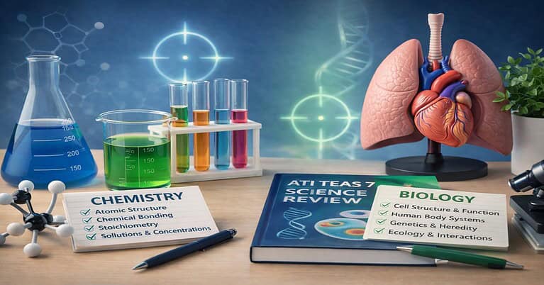 A study desk setup showing chemistry beakers, an anatomical heart and lung model, and ATI TEAS 7 Science study checklists for biology and chemistry.