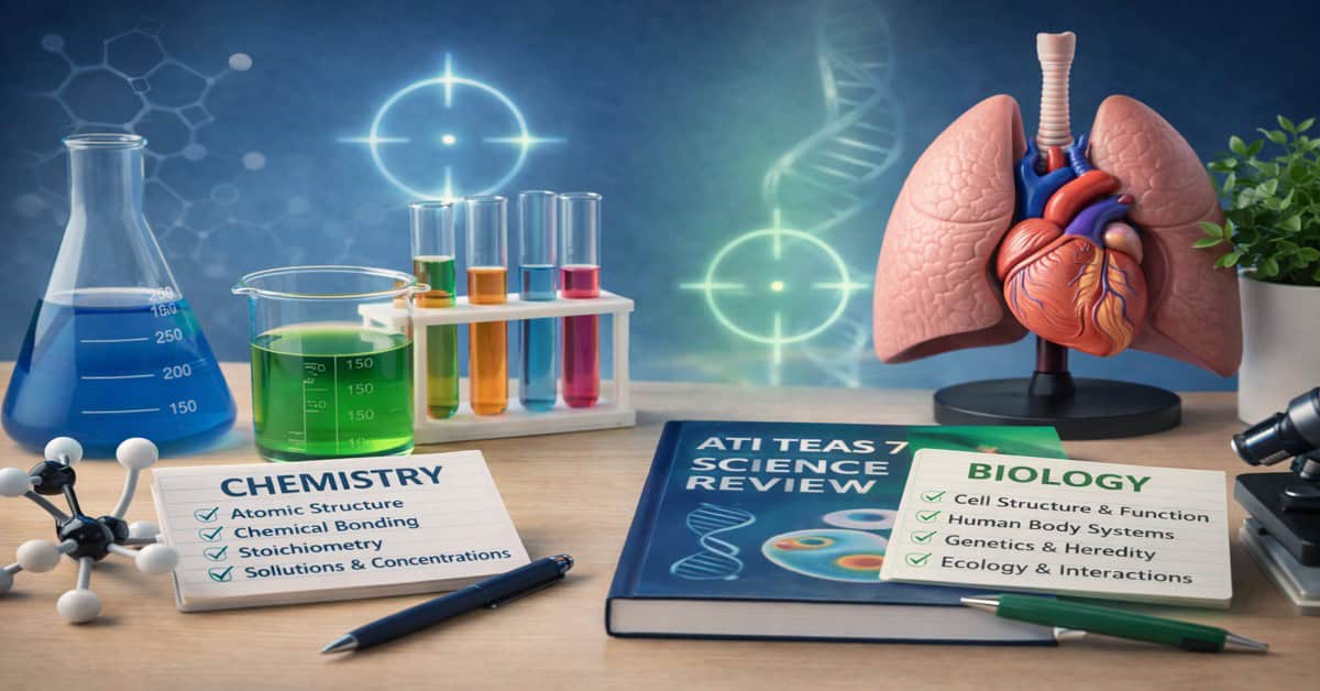 A study desk setup showing chemistry beakers, an anatomical heart and lung model, and ATI TEAS 7 Science study checklists for biology and chemistry.