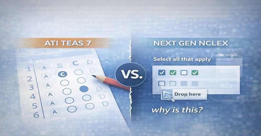 A split-screen graphic comparing the ATI TEAS 7 exam format to the Next Generation NCLEX. The left side shows a traditional multiple-choice bubble sheet, while the right side displays Next-Gen alternate item types like Select All That Apply and drag-and-drop questions.